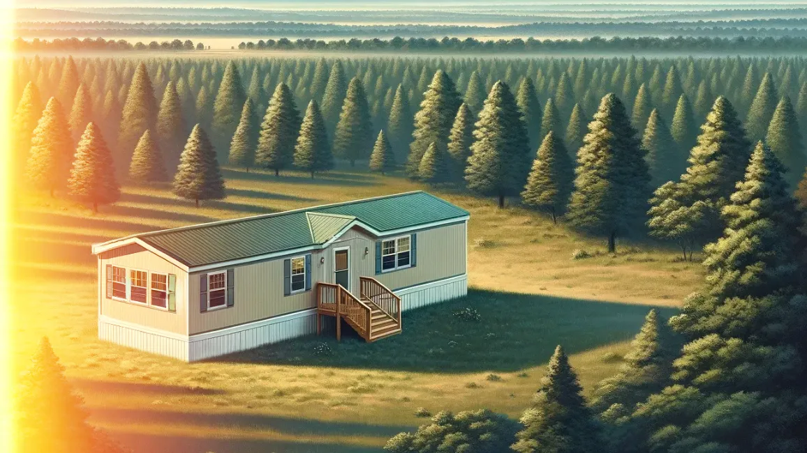 an aerial view of a mobile home in the middle of a forest .