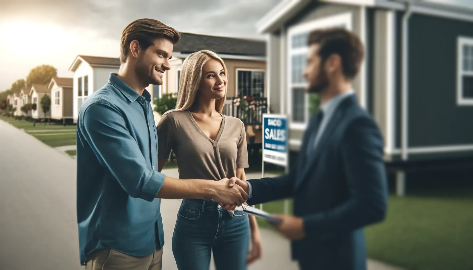 A man and woman are shaking hands with a real estate agent in front of a mobile home.