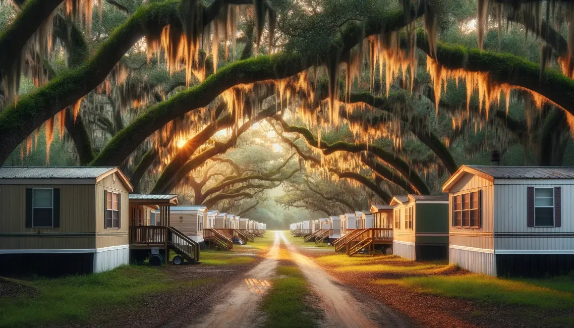 a row of mobile homes sitting on the side of a dirt road .