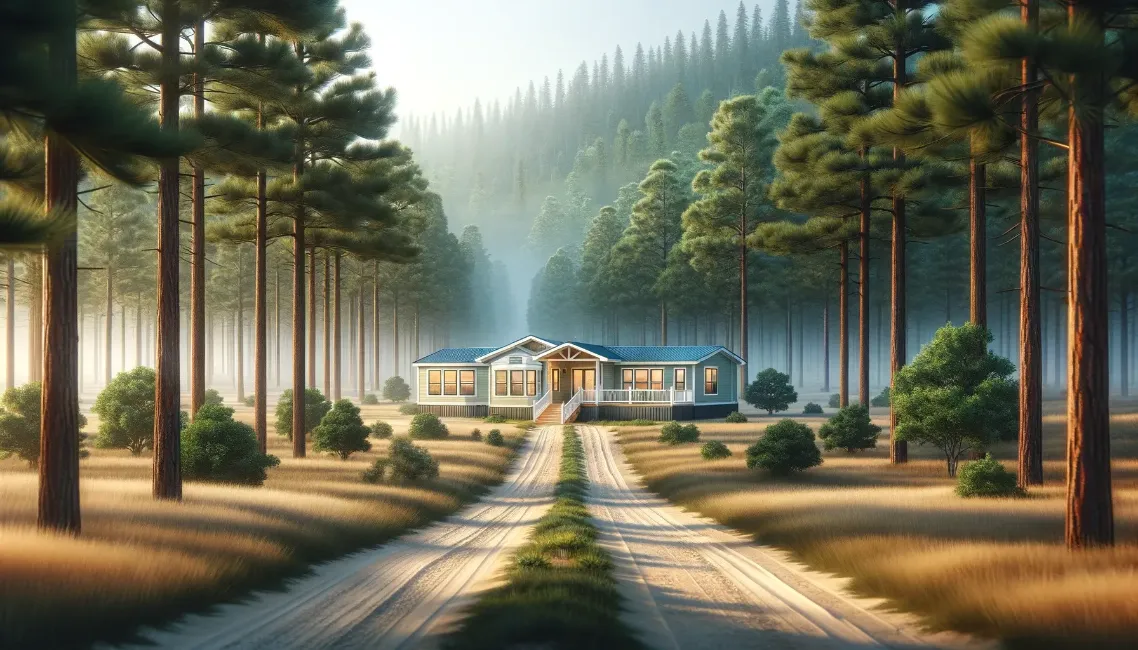 a house is surrounded by trees on both sides of a dirt road .